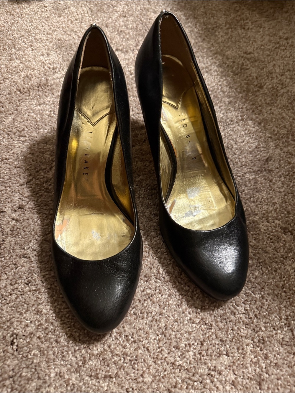 Ted Baker Black Leather Pointed-Toe Pumps with Gold Insole